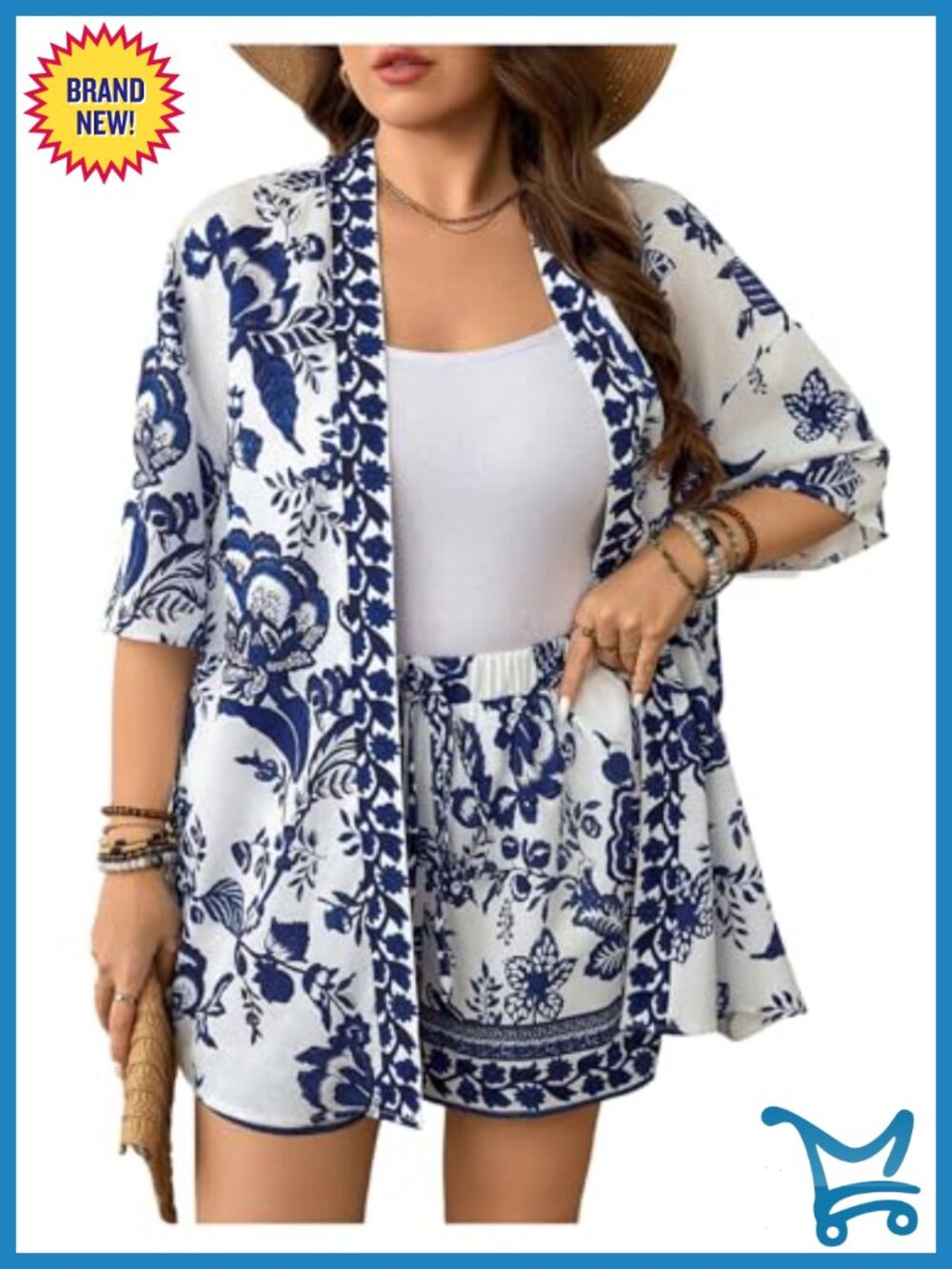 Tropical Print Kimono Top and Shorts Set - Plus Size 2 Piece Outfit